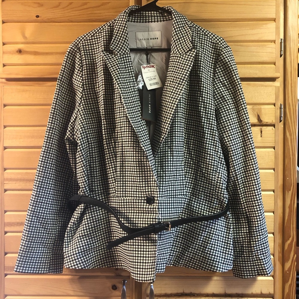 ALICE HOPE Black and White Houndstooth Women's Blazer With Belt, Size XL, NWT